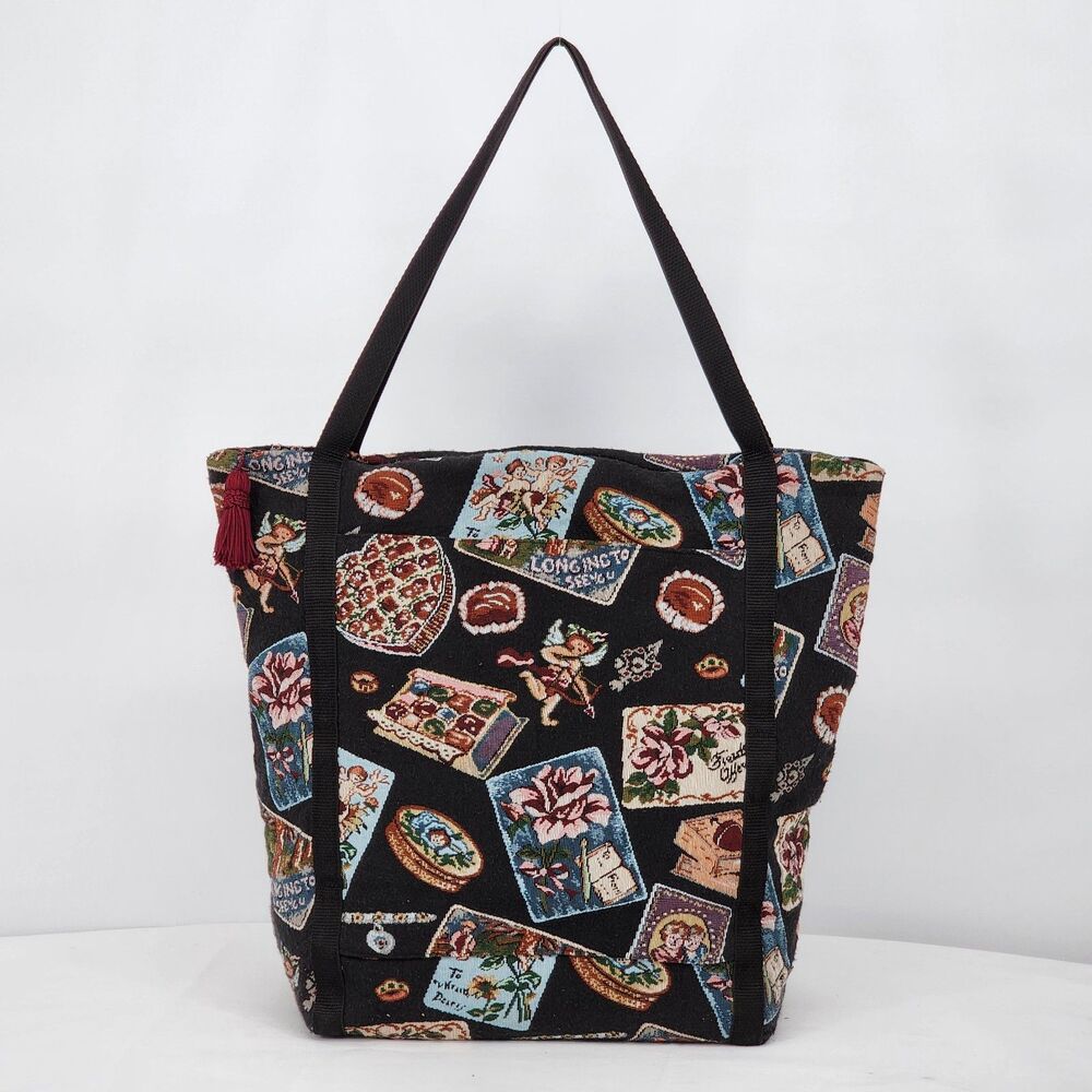 Handmade Cupid Love Tapestry Black Large Weekender Tote Bag
